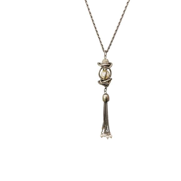 Lia Sophia Silvertone 5" Tassel Necklace 30" Lobster Clasp Sparkle Faux Pearl - Picture 2 of 5